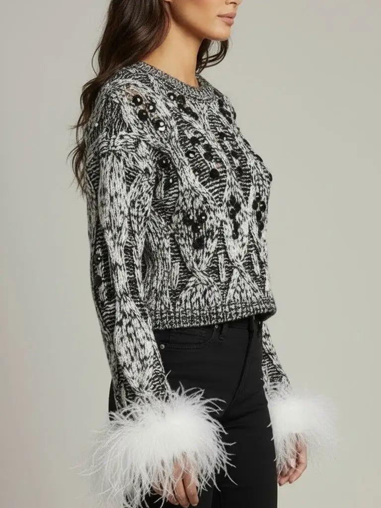 Embellished Knit Sweater with Ostrich Feather Cuffs - Sweaters & Knitwear