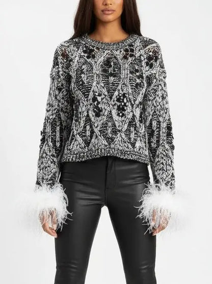 Embellished Knit Sweater with Ostrich Feather Cuffs - Sweaters & Knitwear