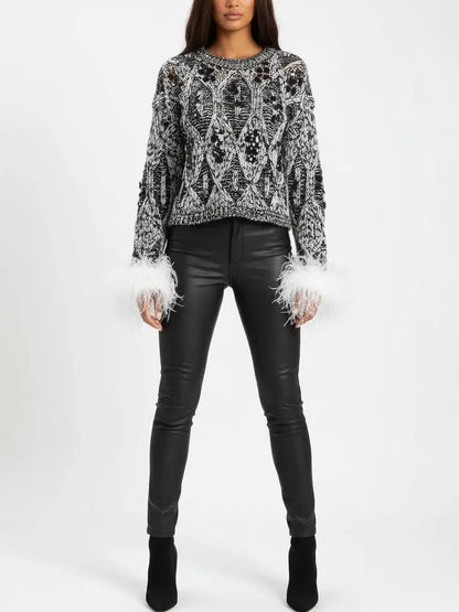 Embellished Knit Sweater with Ostrich Feather Cuffs - Sweaters & Knitwear
