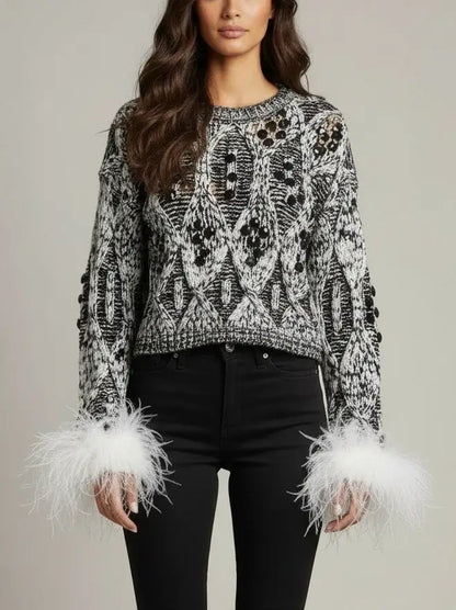 Embellished Knit Sweater with Ostrich Feather Cuffs - Sweaters & Knitwear
