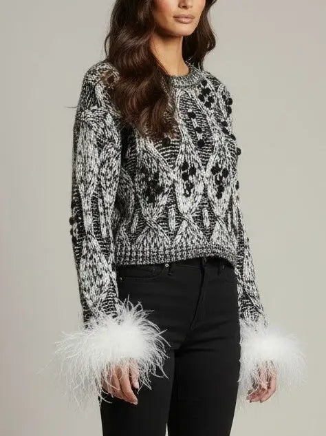 Embellished Knit Sweater with Ostrich Feather Cuffs - Sweaters & Knitwear