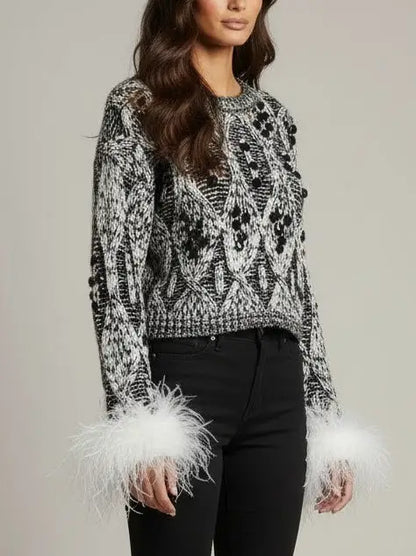 Embellished Knit Sweater with Ostrich Feather Cuffs - Sweaters & Knitwear