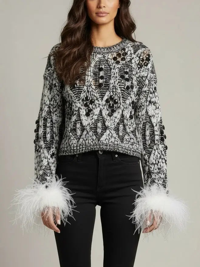 Embellished Knit Sweater with Ostrich Feather Cuffs - Sweaters & Knitwear