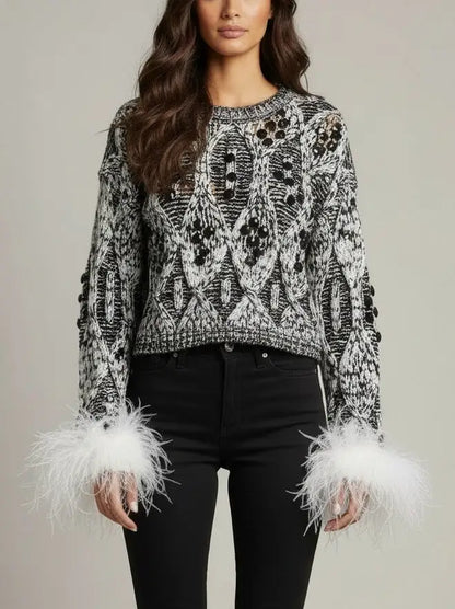 Embellished Knit Sweater with Ostrich Feather Cuffs - Sweaters & Knitwear