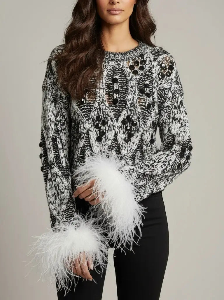 Embellished Knit Sweater with Ostrich Feather Cuffs - Sweaters & Knitwear