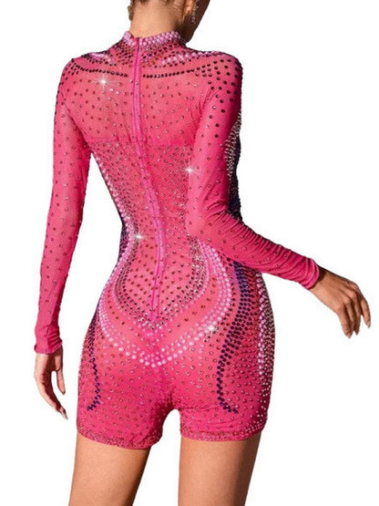 Embellished Long-Sleeve Stretch-Mesh Romper - Suits & Sets