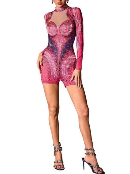 Embellished Long-Sleeve Stretch-Mesh Romper - Suits & Sets