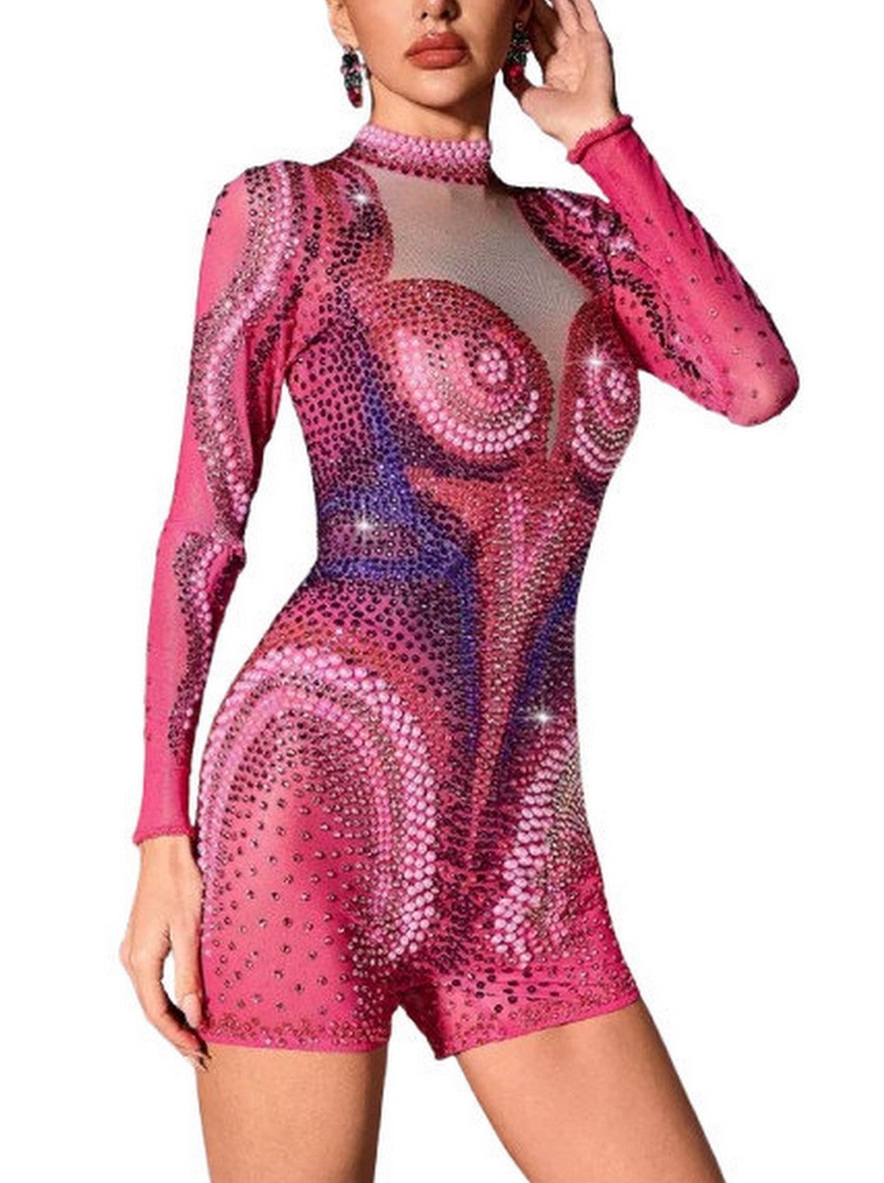 Embellished Long-Sleeve Stretch-Mesh Romper - Suits & Sets