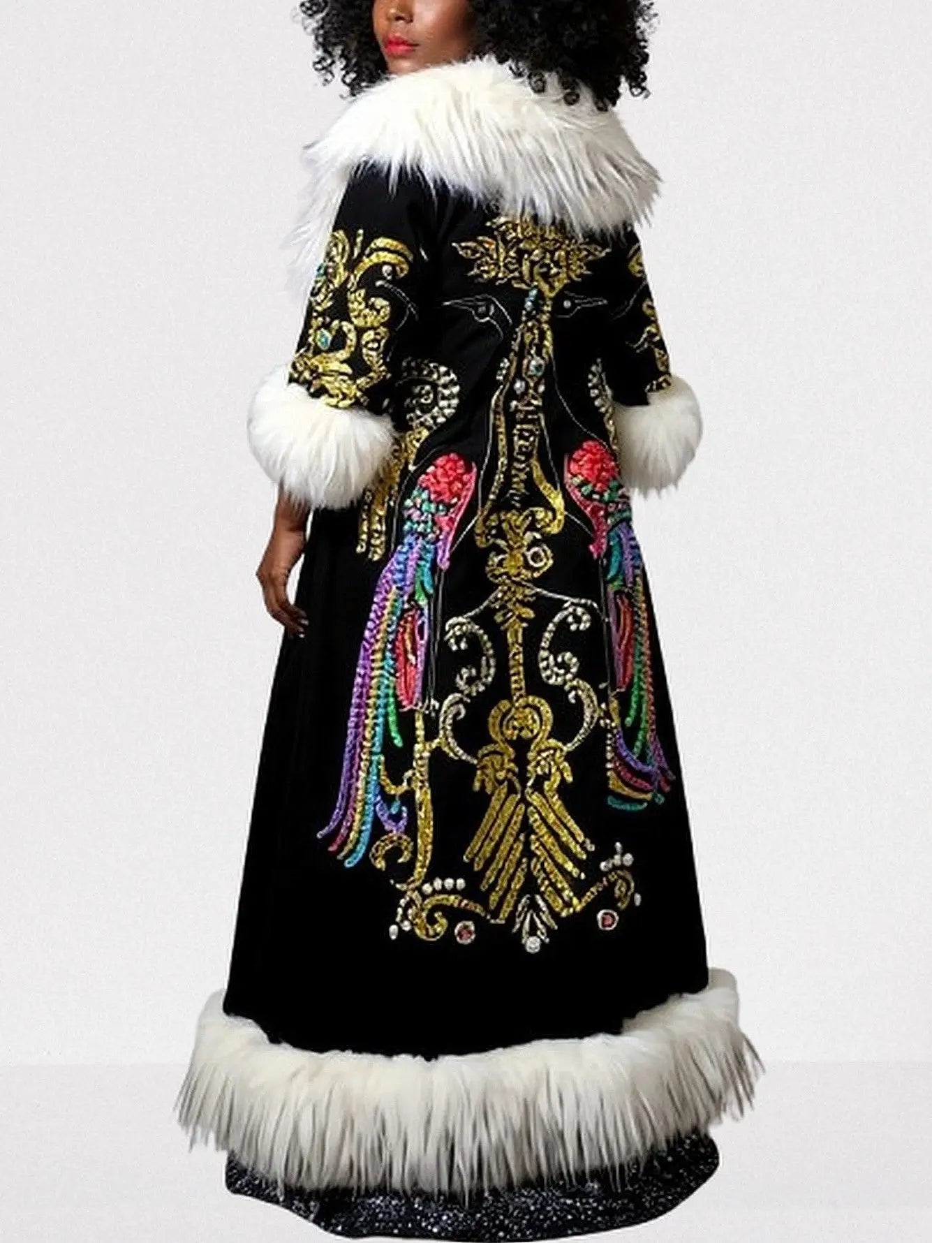 Embellished Long Black Coat with Faux-Fur Trim - Coats