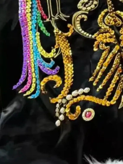 Embellished Long Black Coat with Faux-Fur Trim - Coats