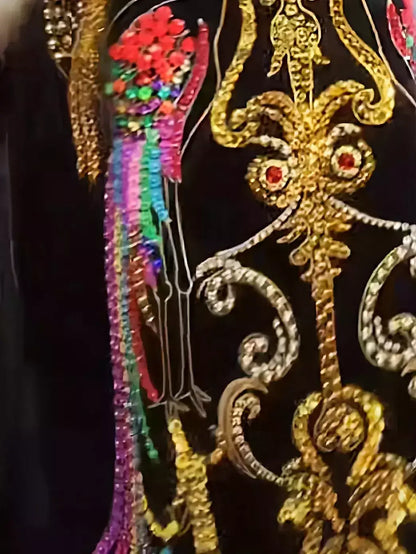 Embellished Long Black Coat with Faux-Fur Trim - Coats