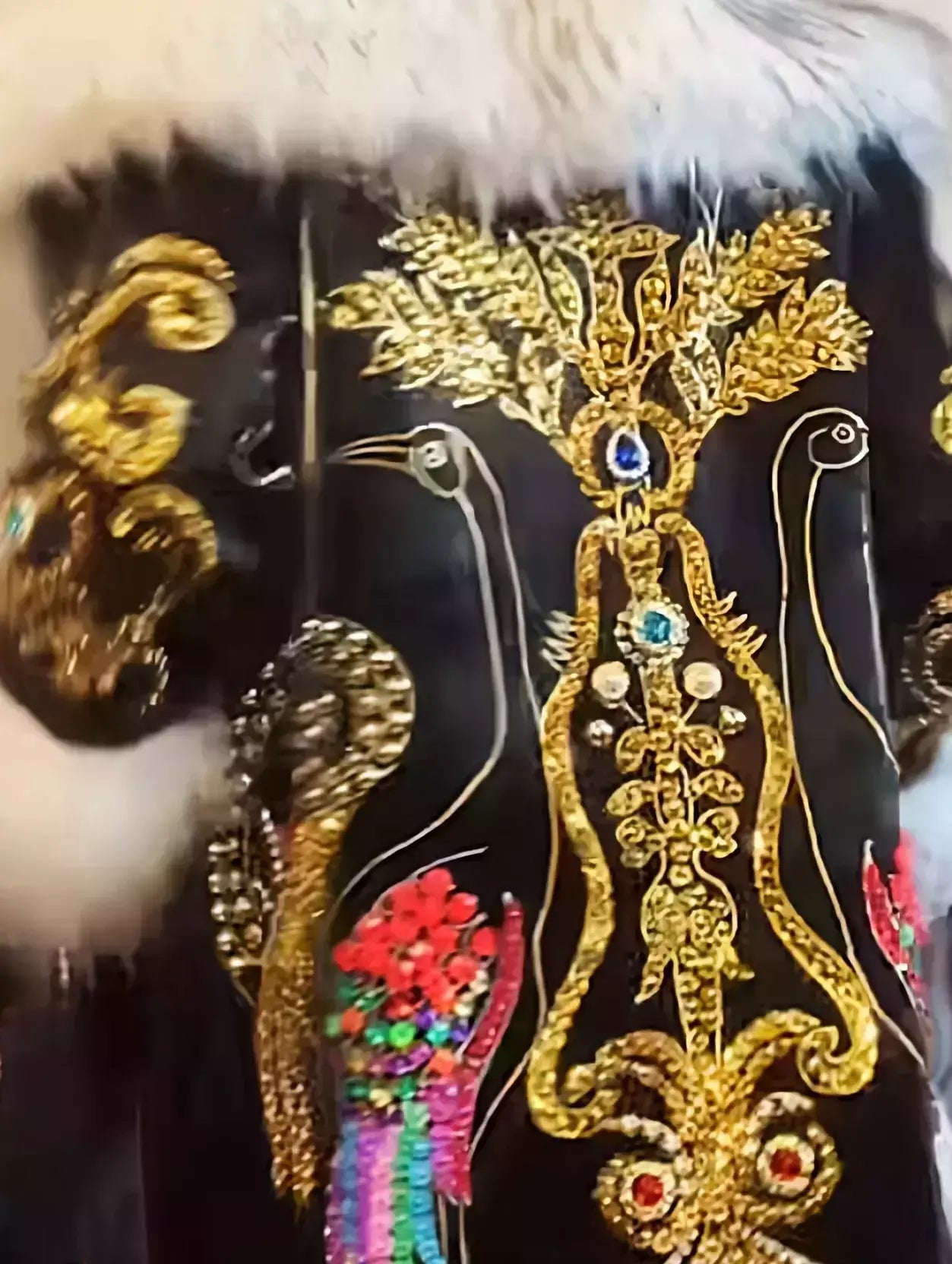 Embellished Long Black Coat with Faux-Fur Trim - Coats