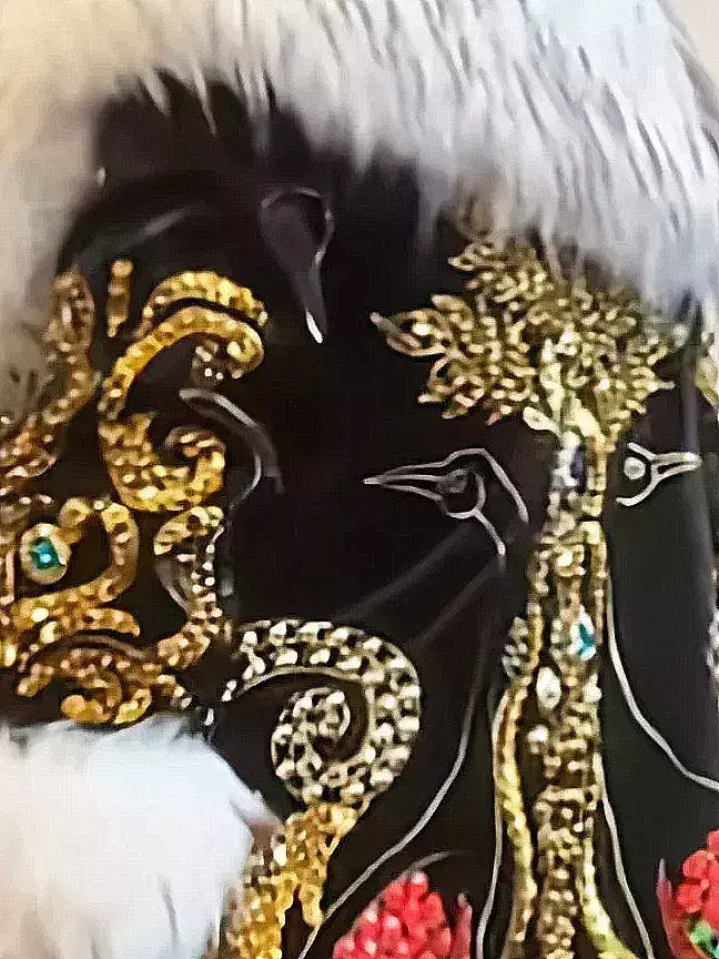 Embellished Long Black Coat with Faux-Fur Trim - Coats