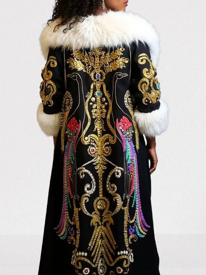 Embellished Long Black Coat with Faux-Fur Trim - Coats