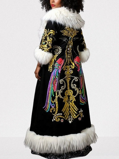 Embellished Long Black Coat with Faux-Fur Trim - Coats