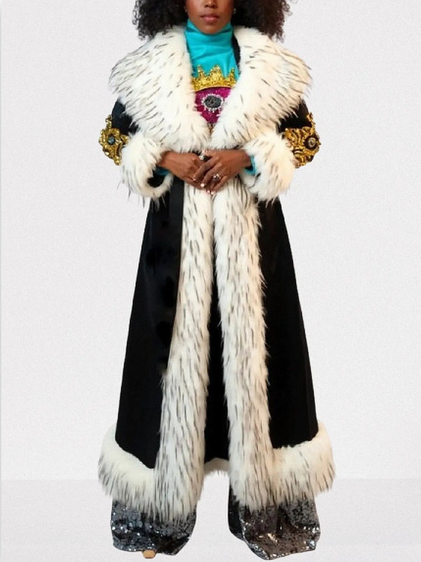 Embellished Long Black Coat with Faux-Fur Trim - Coats