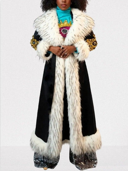 Embellished Long Black Coat with Faux-Fur Trim - Coats
