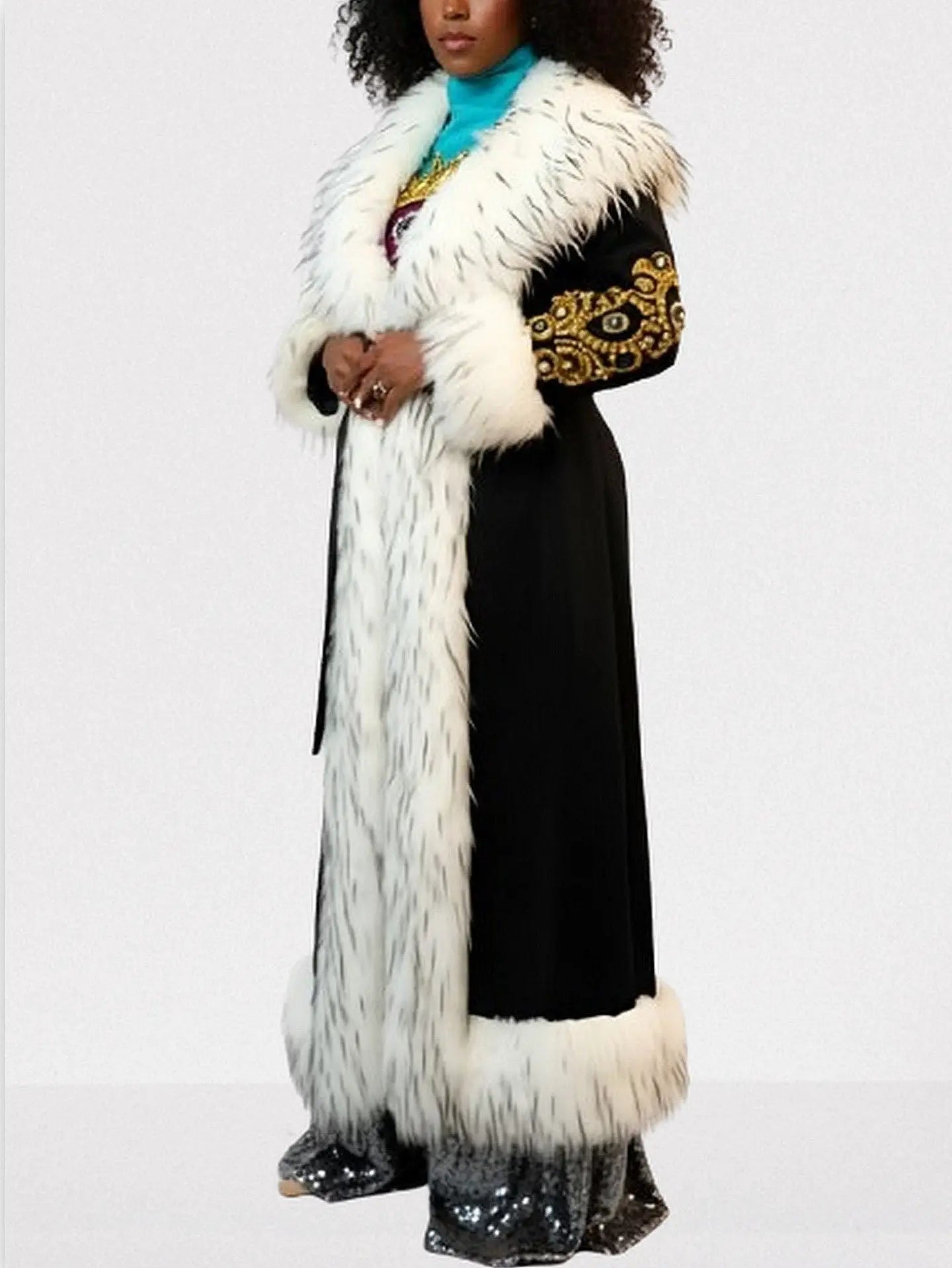 Embellished Long Black Coat with Faux-Fur Trim - Coats