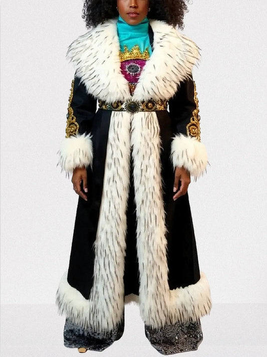 Embellished Long Black Coat with Faux-Fur Trim - S - Coats