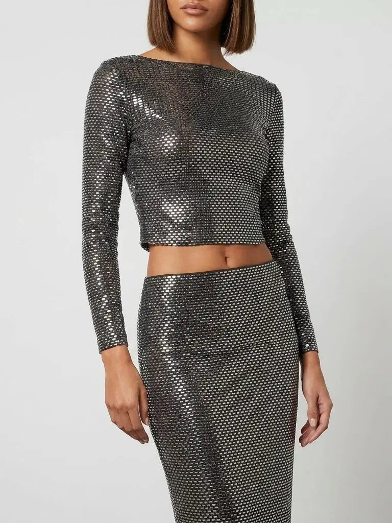 Embellished Long Sleeve Crop Top and Skirt Set - Suits & Sets