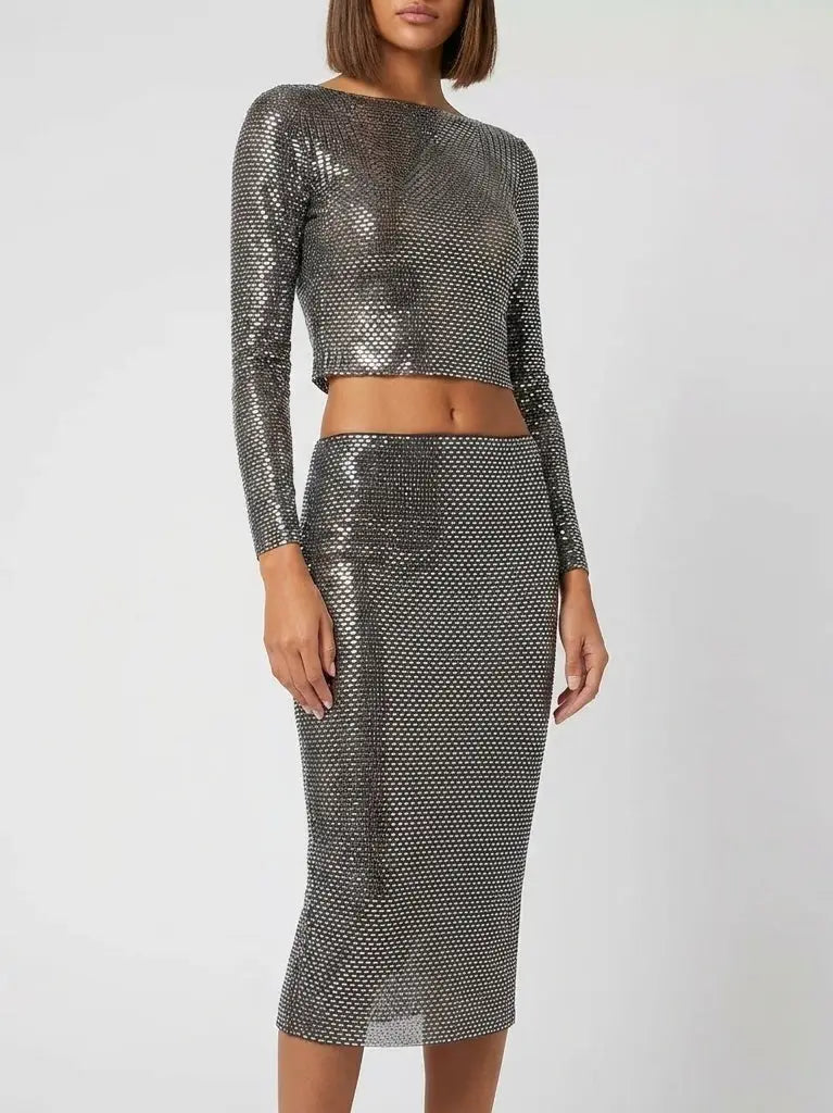 Embellished Long Sleeve Crop Top and Skirt Set - XS - Suits & Sets