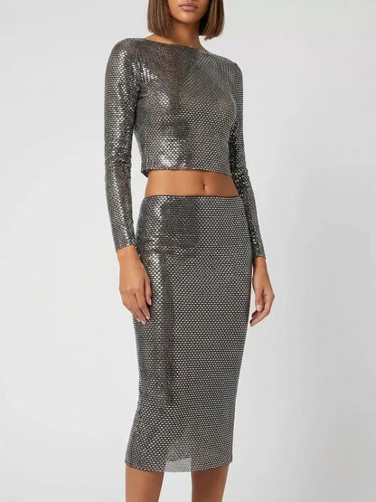Embellished Long Sleeve Crop Top and Skirt Set - XS - Suits & Sets