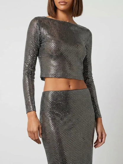 Embellished Long Sleeve Crop Top and Skirt Set - Suits & Sets