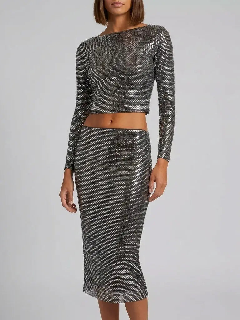Embellished Long Sleeve Crop Top and Skirt Set - Suits & Sets