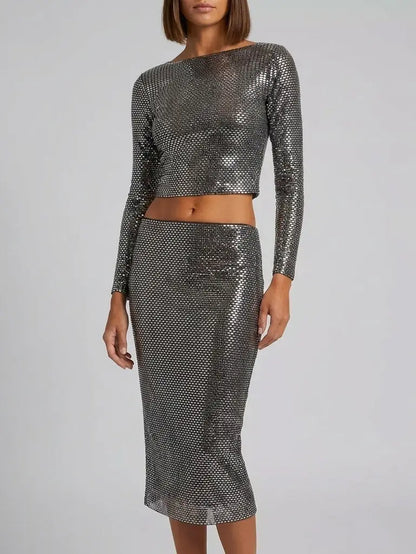 Embellished Long Sleeve Crop Top and Skirt Set - Suits & Sets