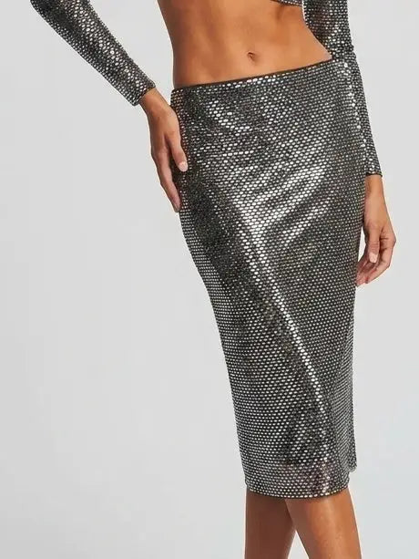 Embellished Long Sleeve Crop Top and Skirt Set - Suits & Sets