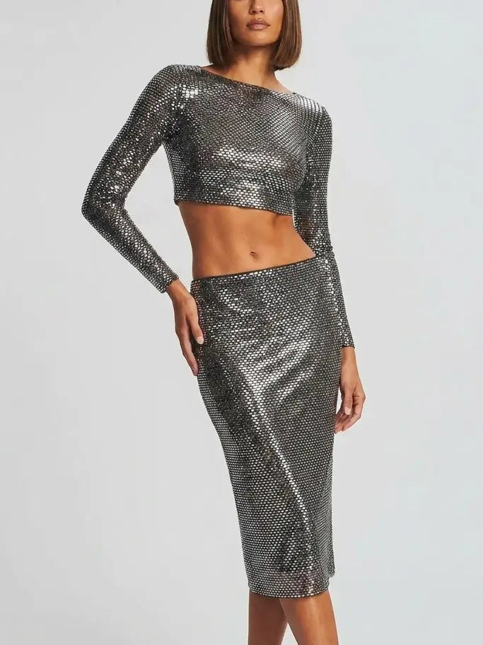 Embellished Long Sleeve Crop Top and Skirt Set - Suits & Sets