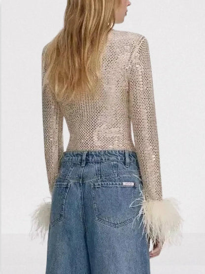Embellished Long Sleeve Top with Feather Cuffs - Tops