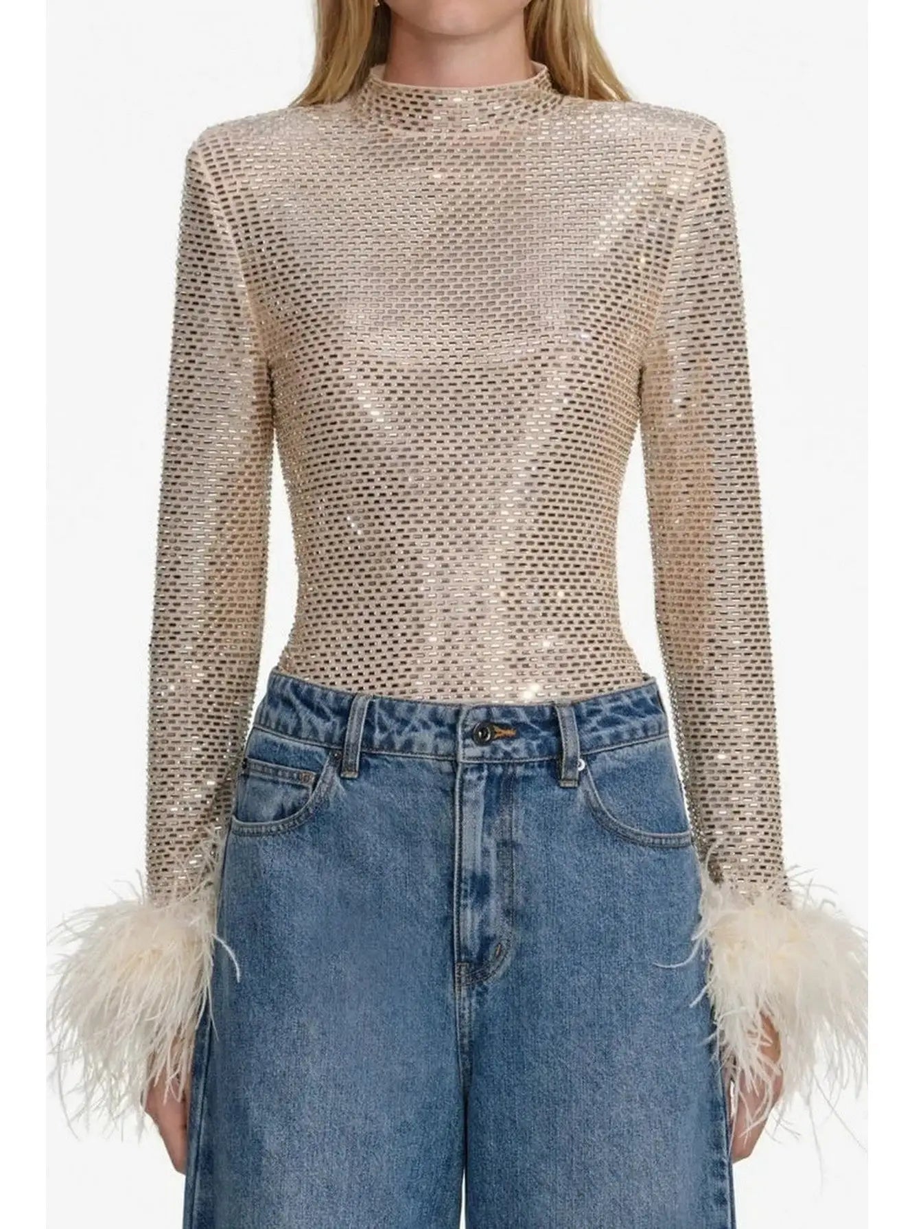 Embellished Long Sleeve Top with Feather Cuffs - Tops