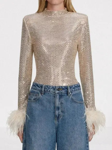 Embellished Long Sleeve Top with Feather Cuffs - Tops