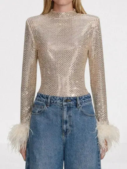 Embellished Long Sleeve Top with Feather Cuffs - Tops