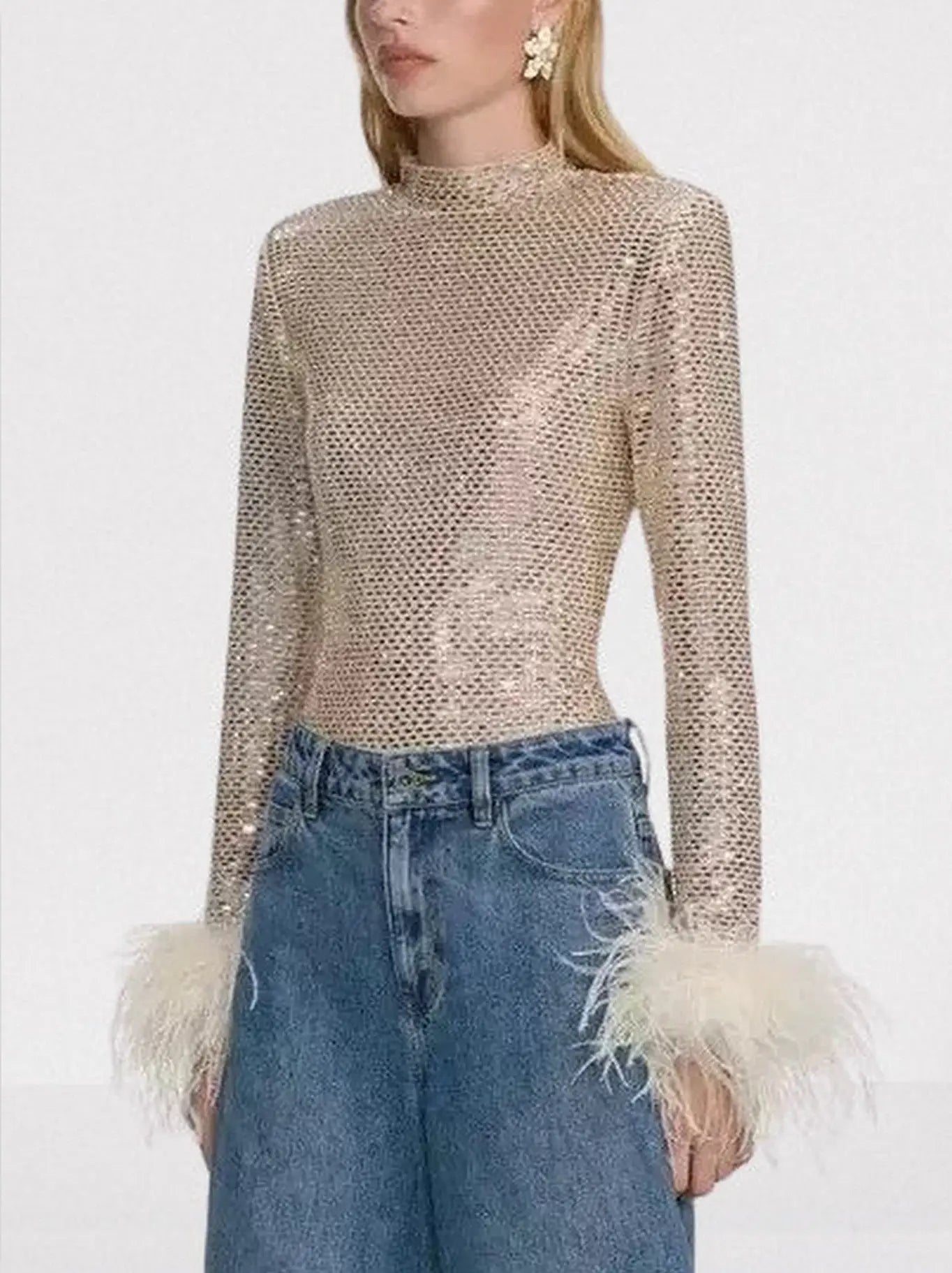 Embellished Long Sleeve Top with Feather Cuffs - Tops
