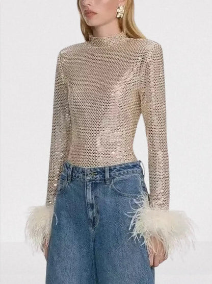 Embellished Long Sleeve Top with Feather Cuffs - Tops