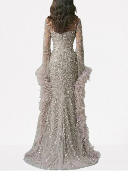 Embellished Long Tulle Gown with Feathers