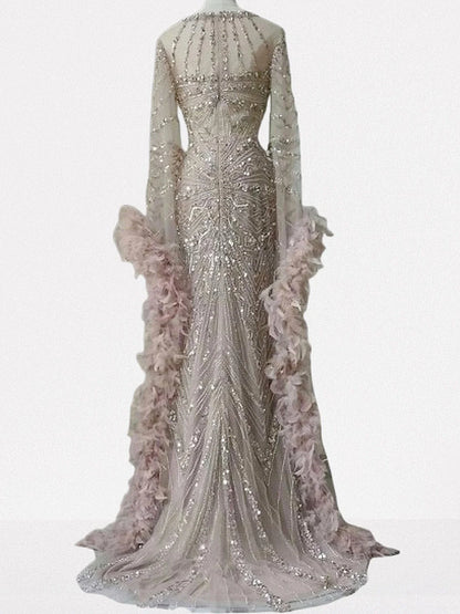 Embellished Long Tulle Gown with Feathers