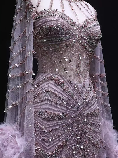 Embellished Long Tulle Gown with Feathers XS / Pink