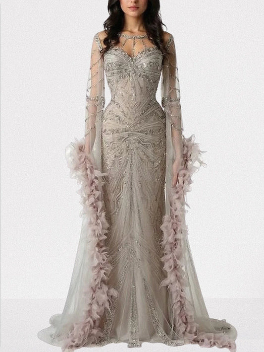 Embellished Long Tulle Gown with Feathers
