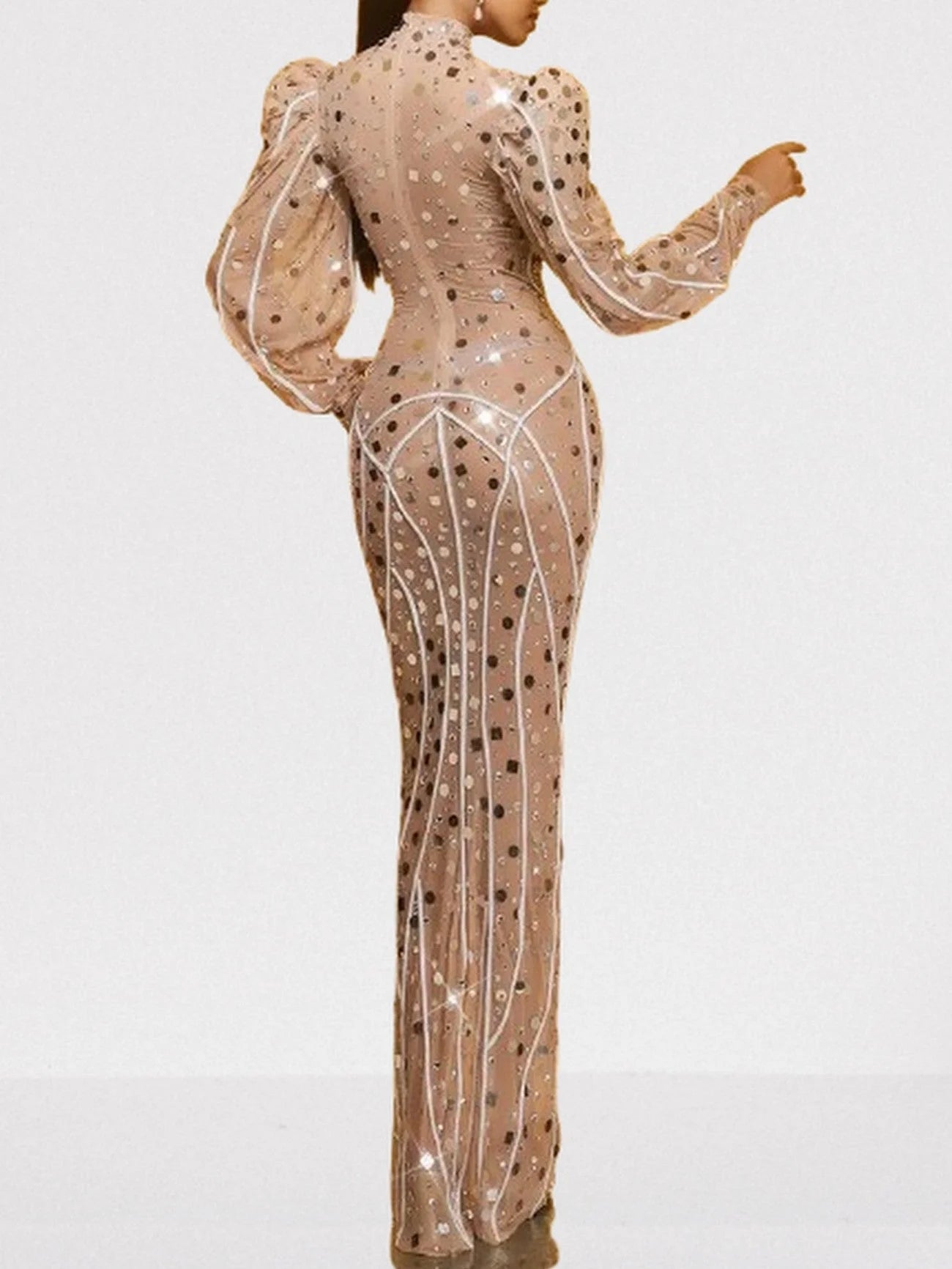 Embellished Maxi Dress with Long Puff-Sleeves - Dresses