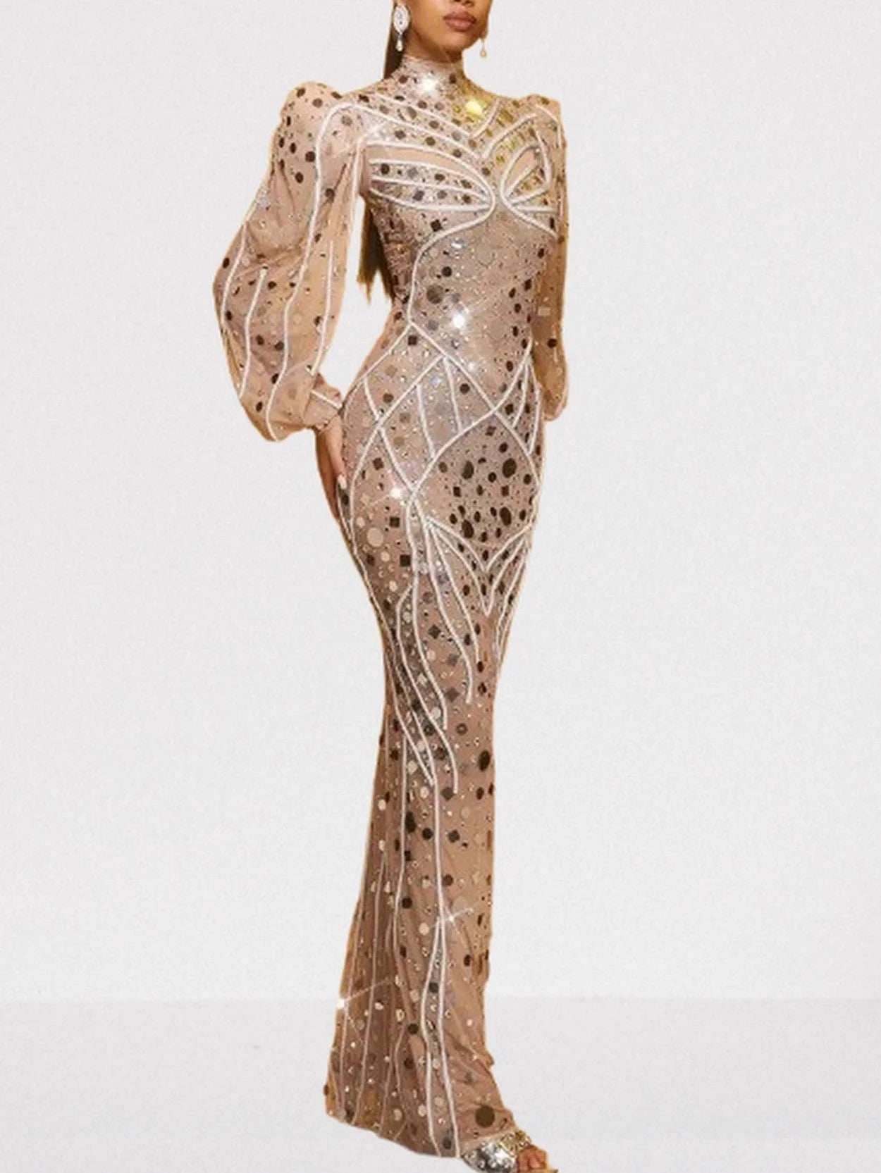 Embellished Maxi Dress with Long Puff-Sleeves - Dresses