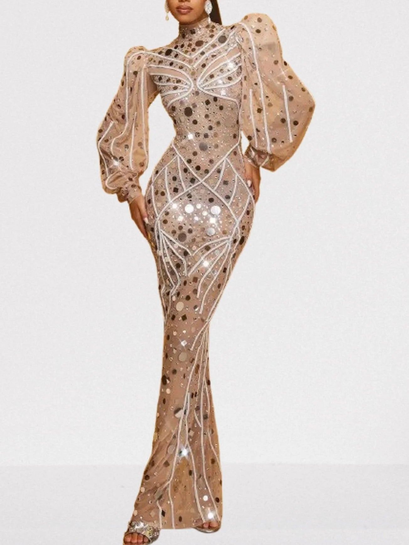 Embellished Maxi Dress with Long Puff-Sleeves - Dresses