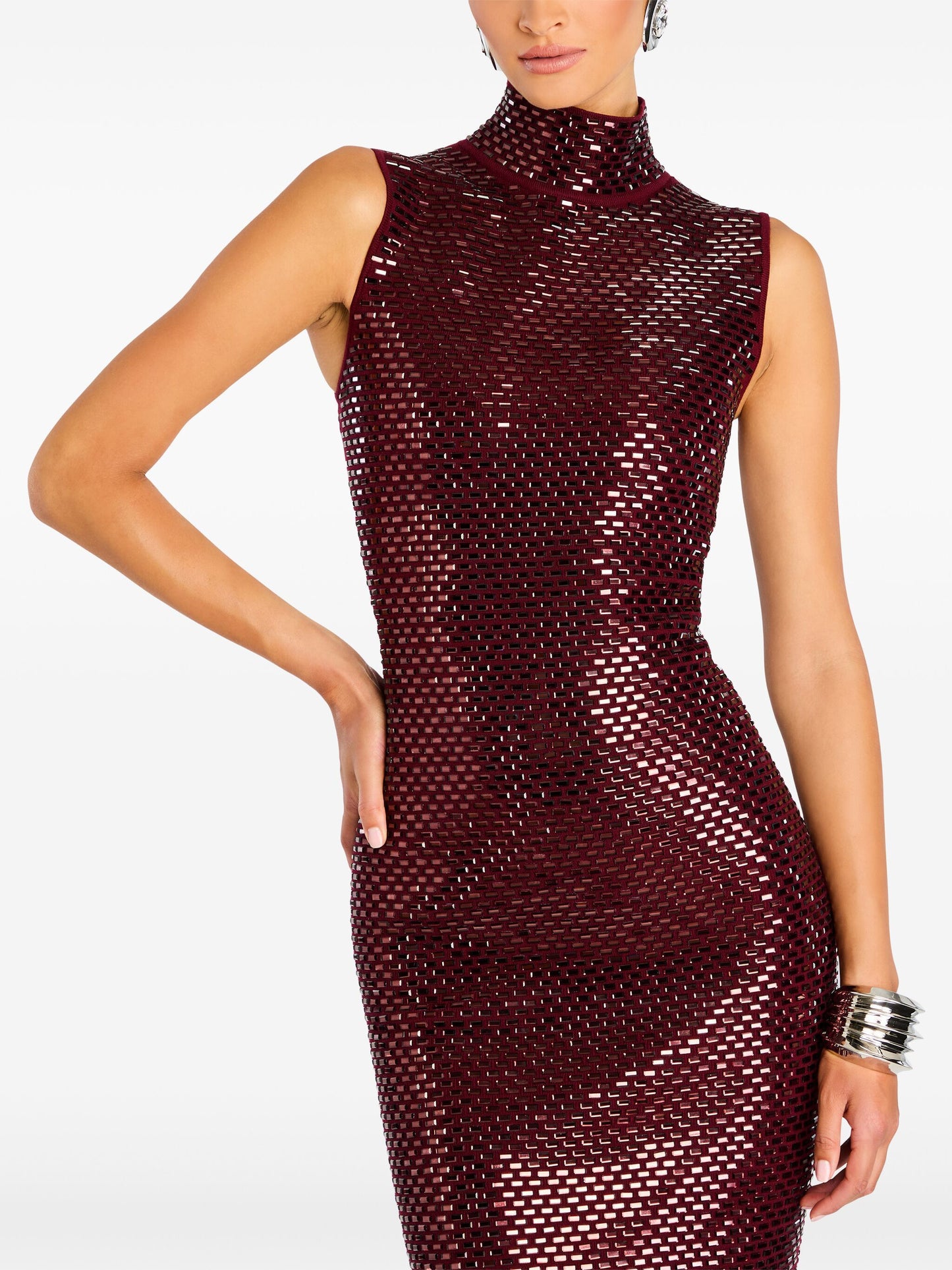 Embellished Mock-Neck Sheath Dress in Claret Red