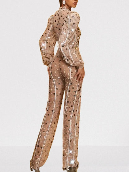 Embellished Nude Jumpsuit with Long Puff-Sleeves - Suits & Sets
