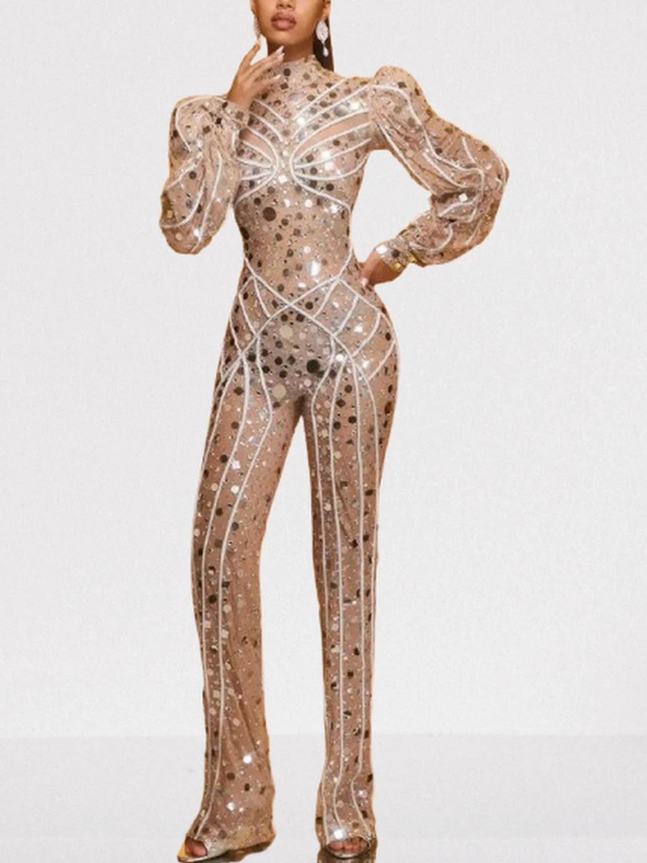 Embellished Nude Jumpsuit with Long Puff-Sleeves - Suits & Sets