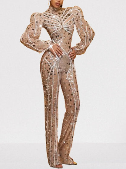 Embellished Nude Jumpsuit with Long Puff-Sleeves - Suits & Sets