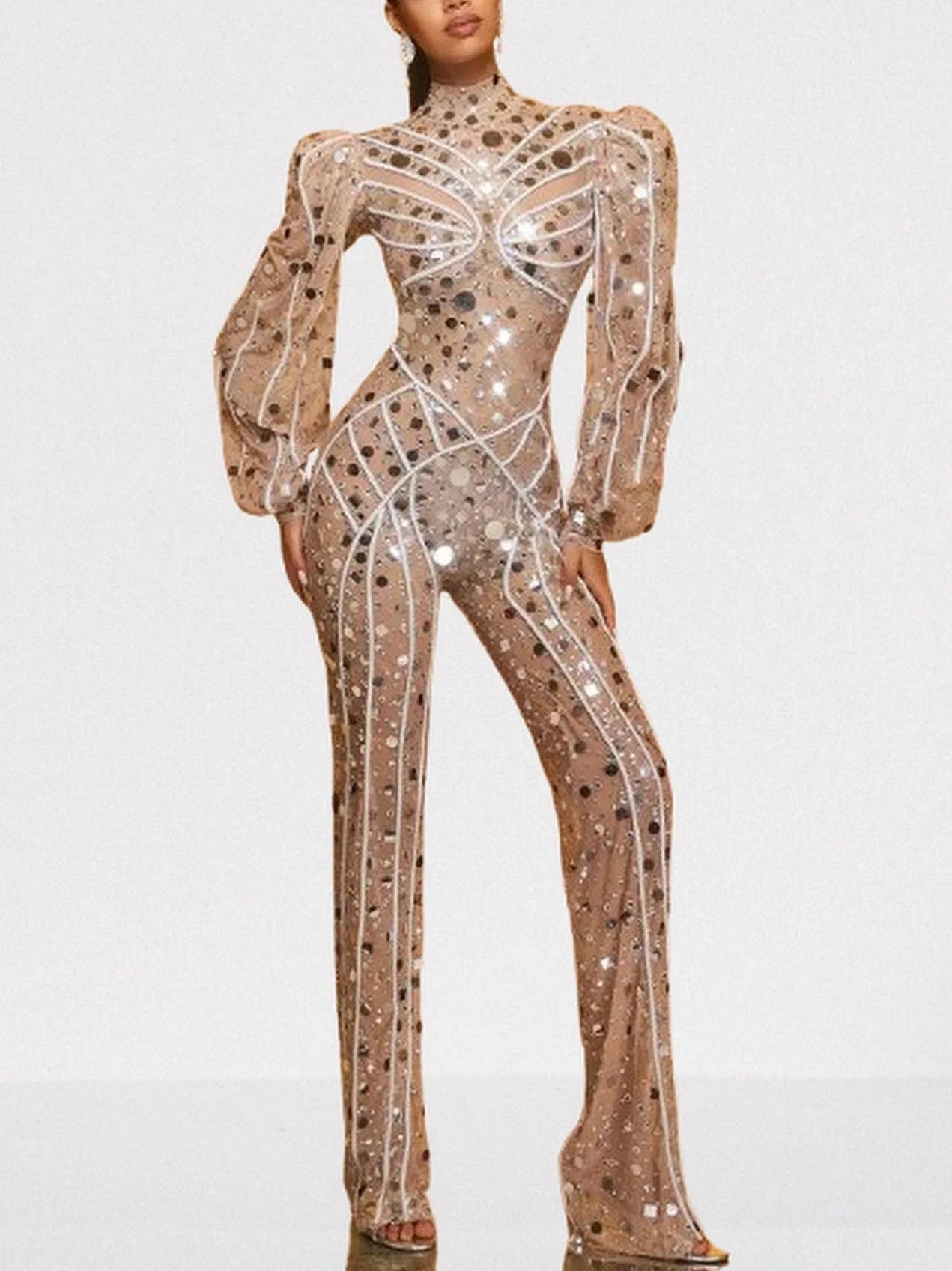 Embellished Nude Jumpsuit with Long Puff-Sleeves - Suits & Sets