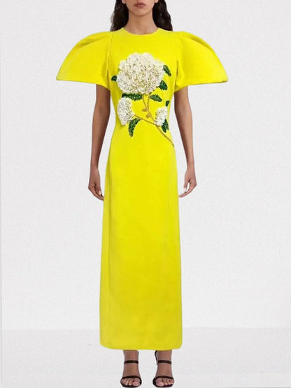 Embellished Puff-Sleeve Maxi Dress - S / Yellow - Dresses
